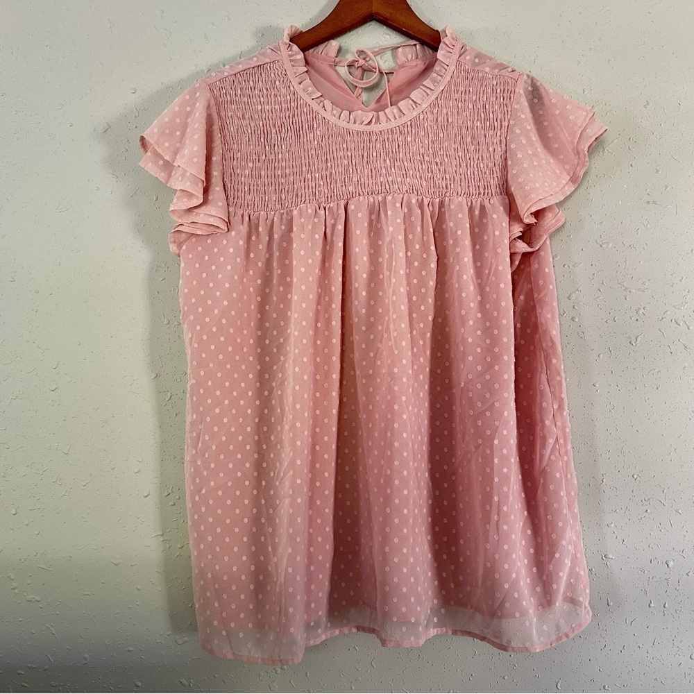 🦋 Pink Polka Dot Lace Ruffle Short Sleeve Blouse XL Valentine’s Day
